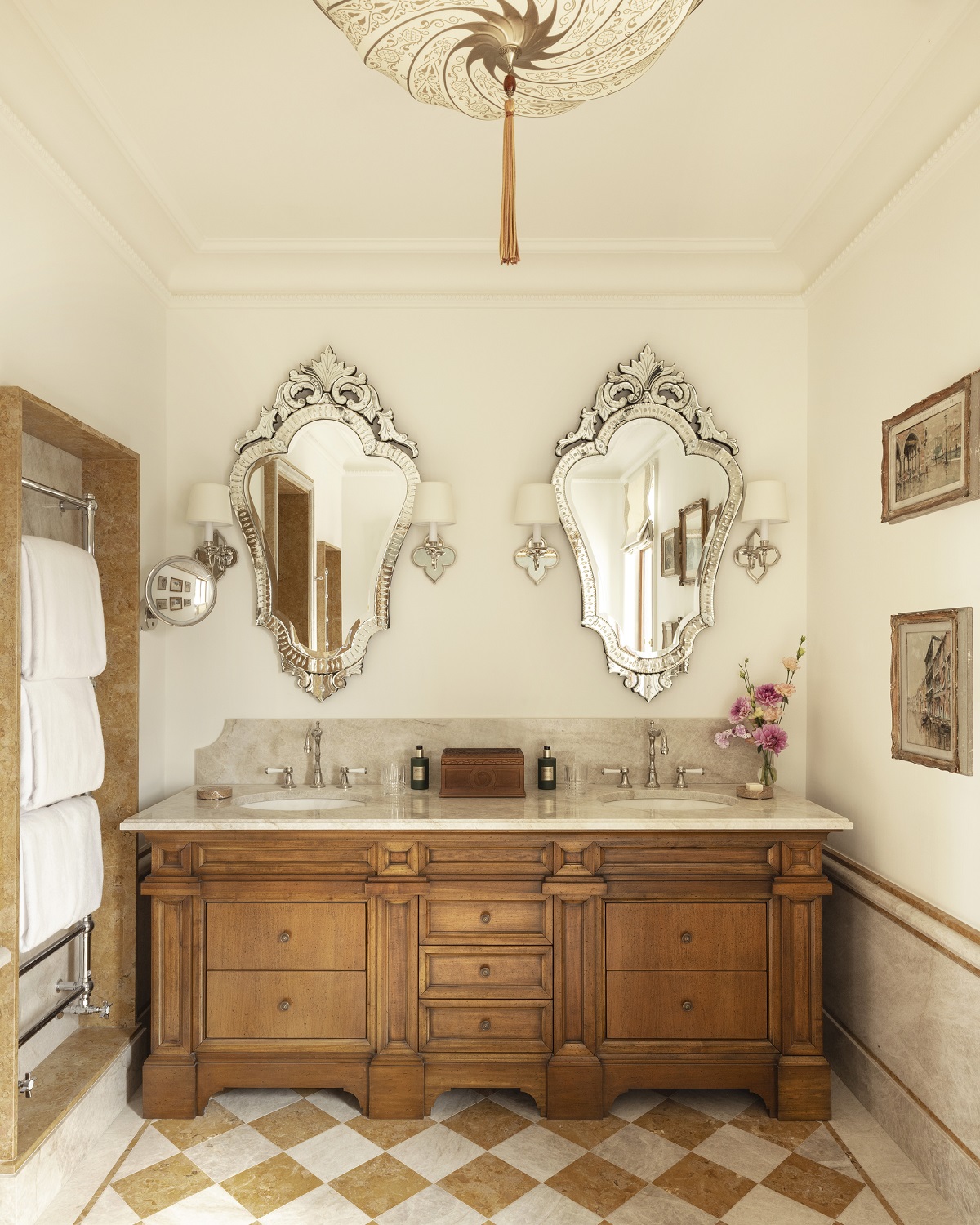 antique wooden double vanity with venetian mirrors above