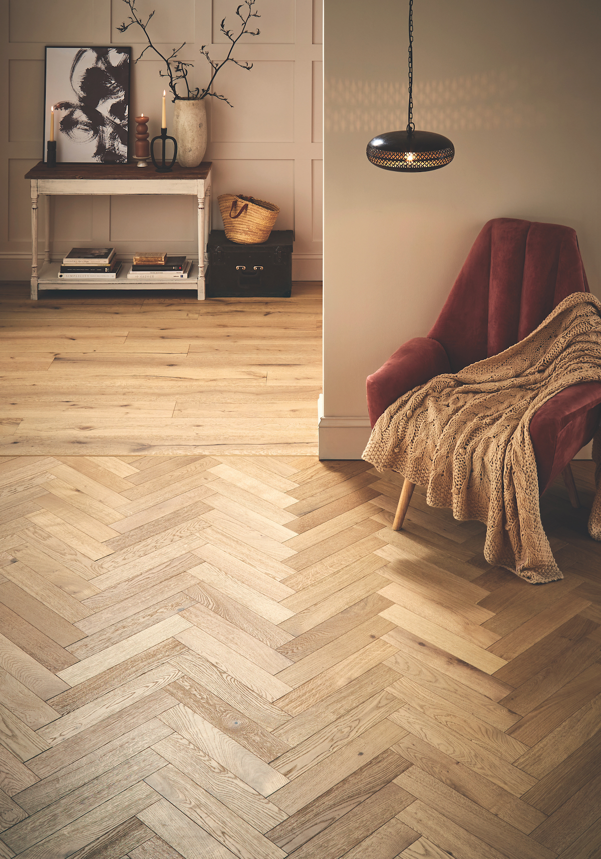 Nanzen Oak wood flooring from Atkinson & Kirby, in a herringbone finish