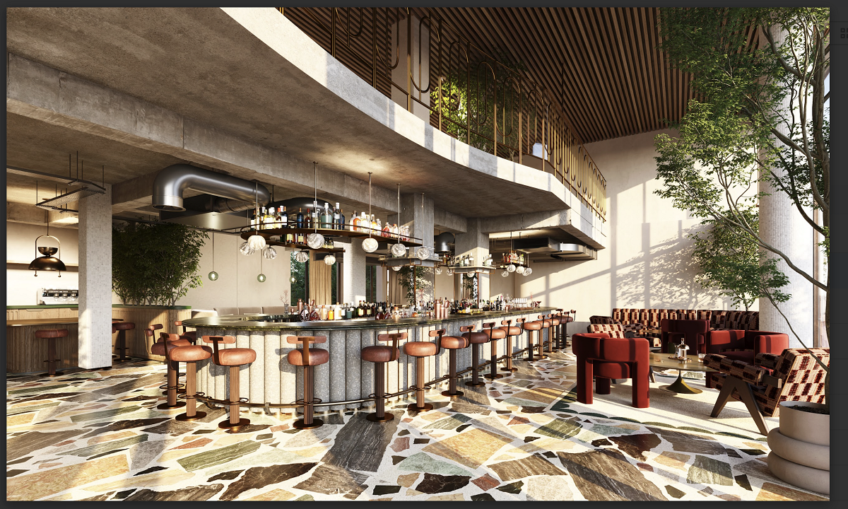 stone floor and concrete walls in the bar at Hotel Indigo shepherds Bush