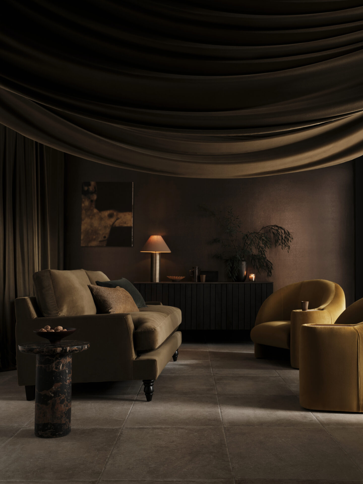 Sofa.com, Isla 3 Seat Sofa in Caper Smart Velvet, £2,680, Stellar Armchair in Piccalilli Smart Velvet, £930 (1) from the anniversary collection