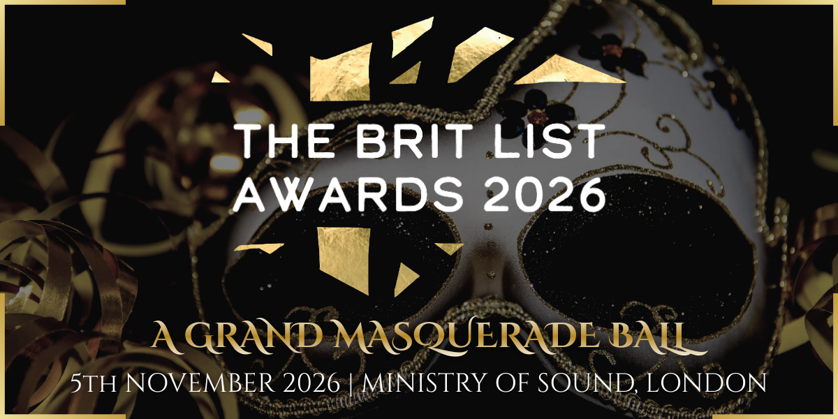 The Brit List Awards 2026 logo in white and gold, laid over a white and gold masquerade mask. With event details in text below