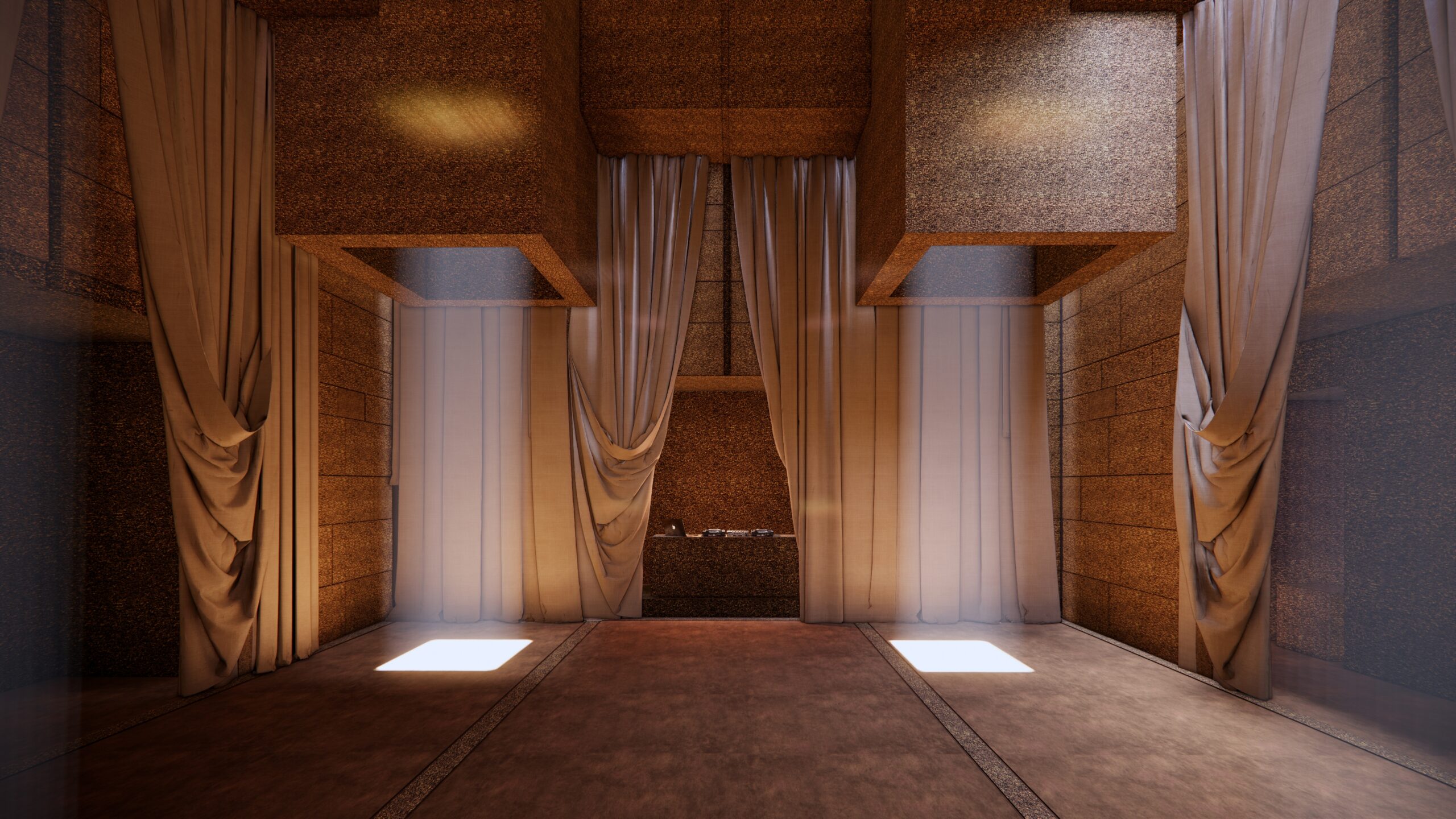 Temple structure at Nômade Temple Ibiza with swathes of fabric hanging from the ceiling