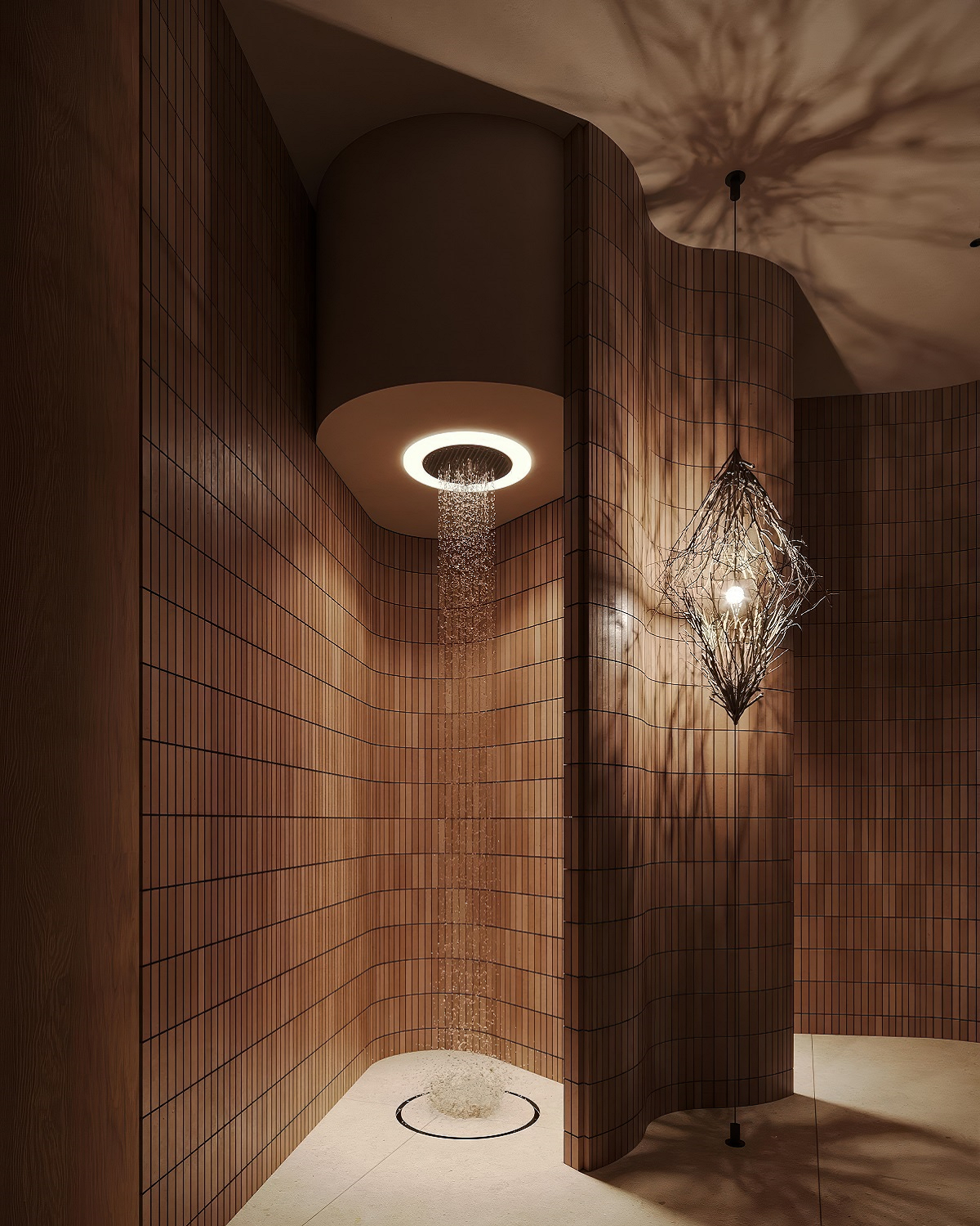 tiled organic shower with natural wooden lighting