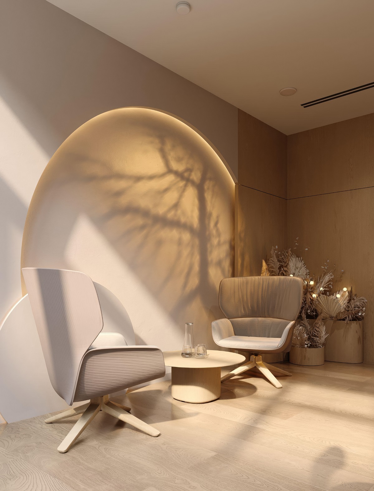 wood surfaces , round shapes and natural colours in Skogur Wellness & Spa
