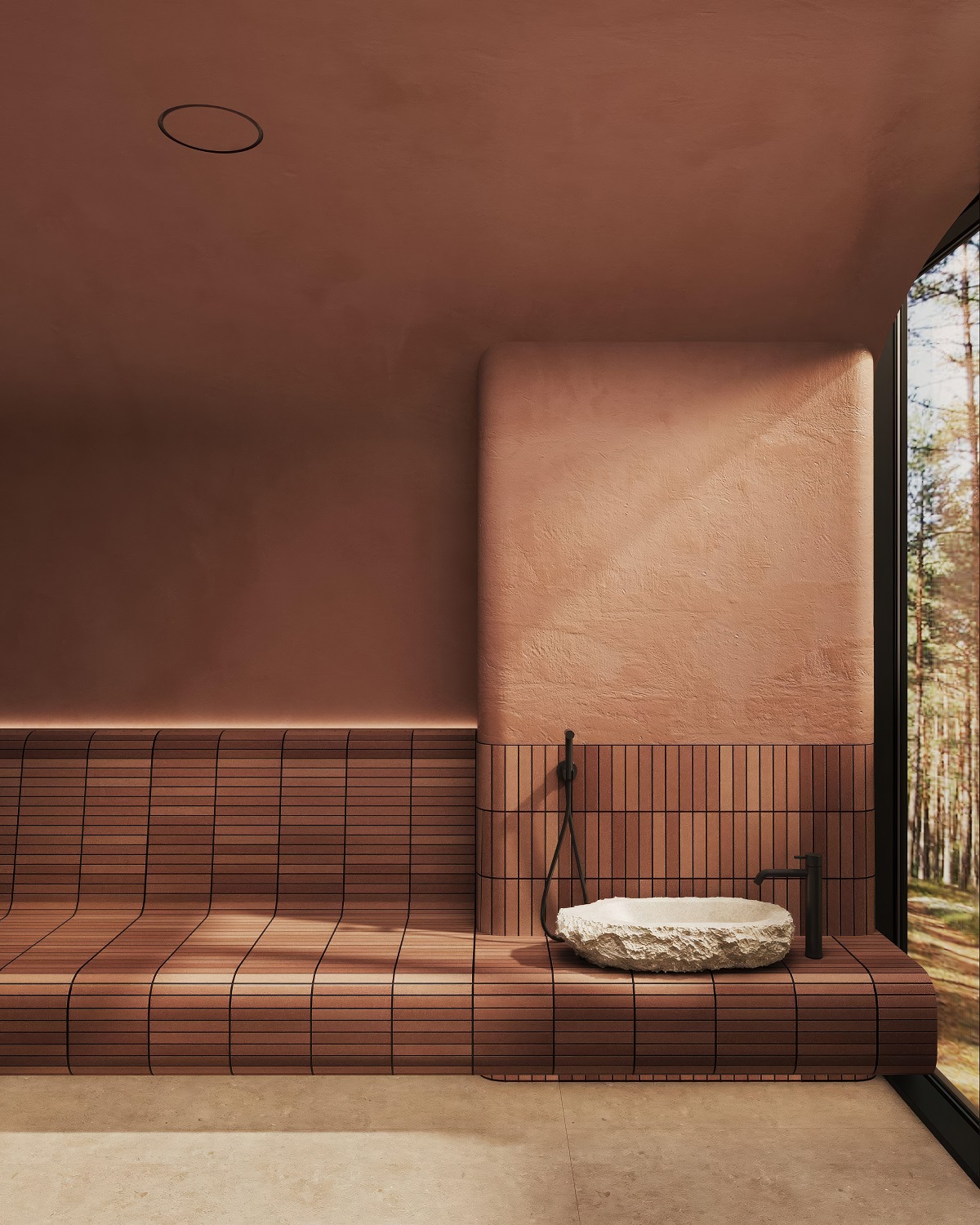 clay tiles and stone basin