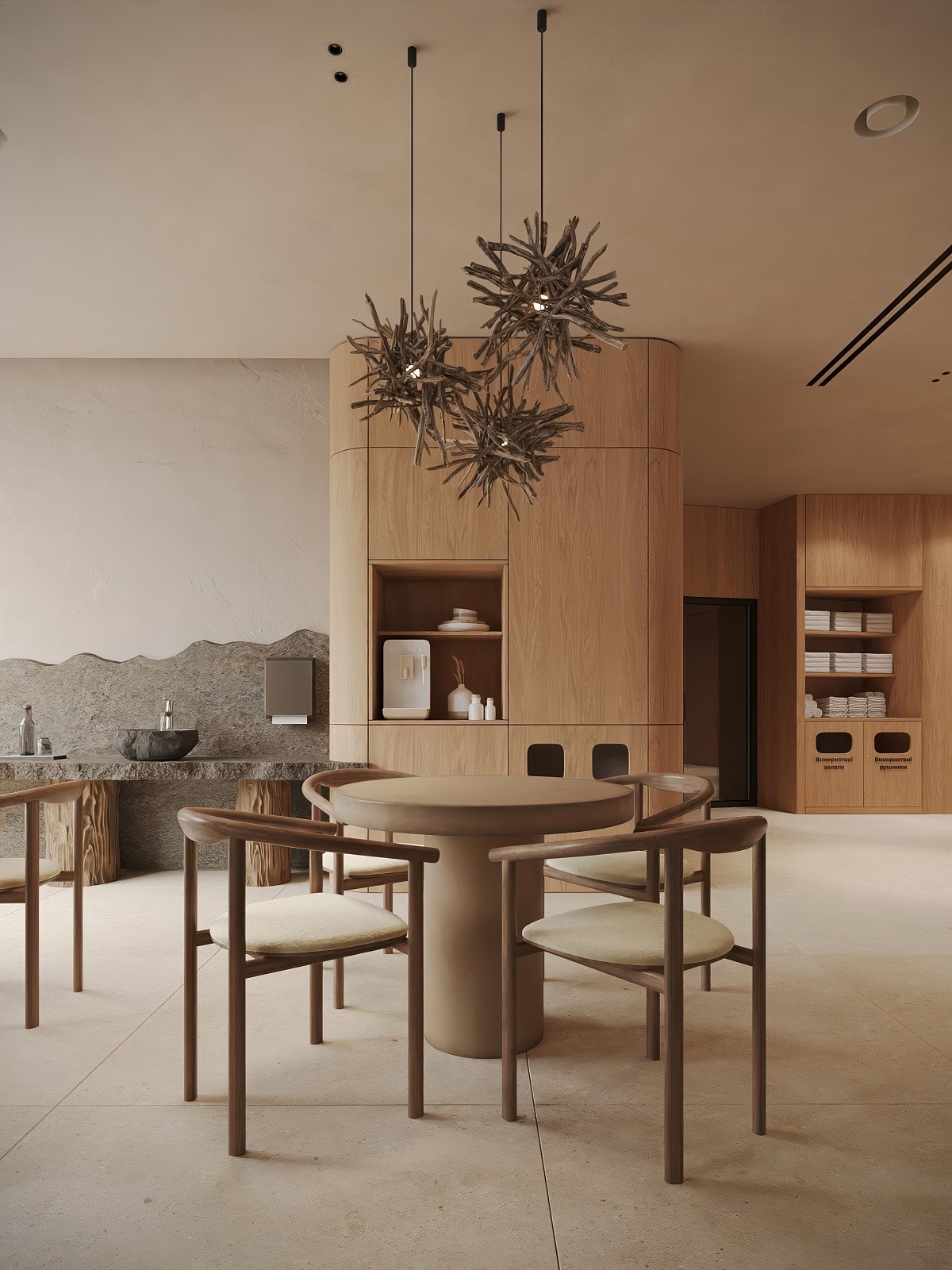 wooden table and chairs in spa