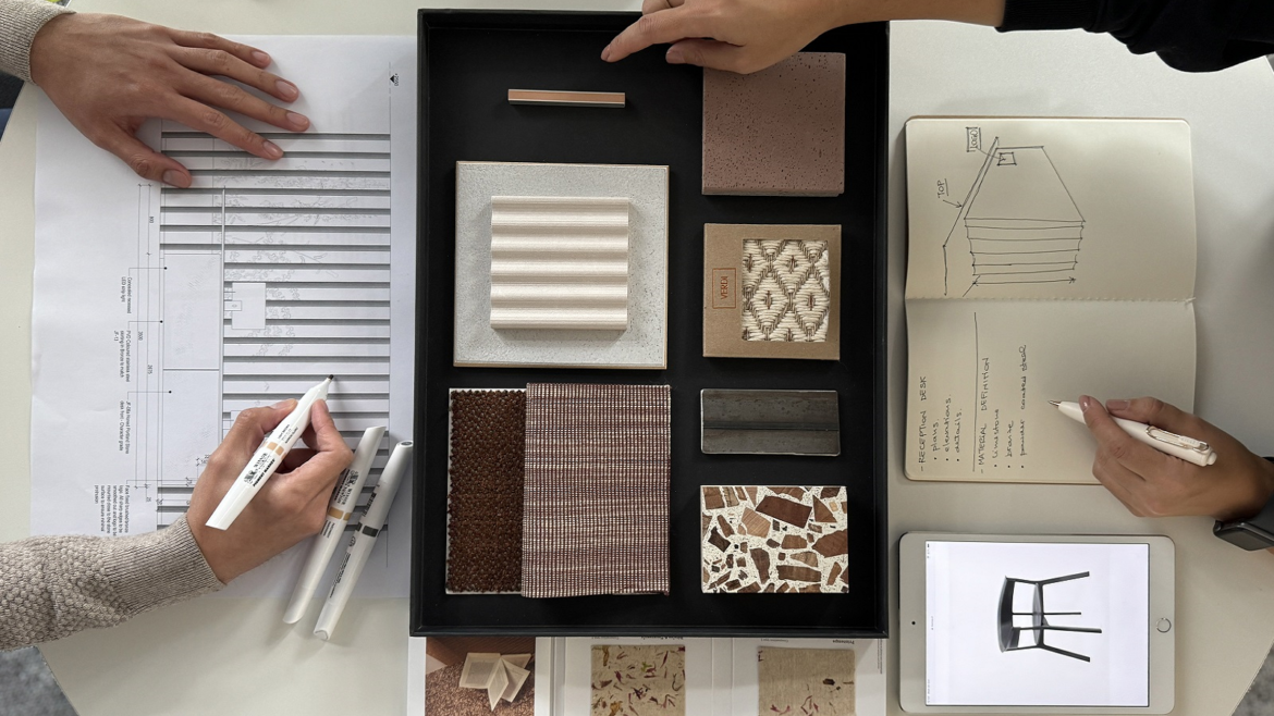 moodboard and design sketches on the table in LOM studio