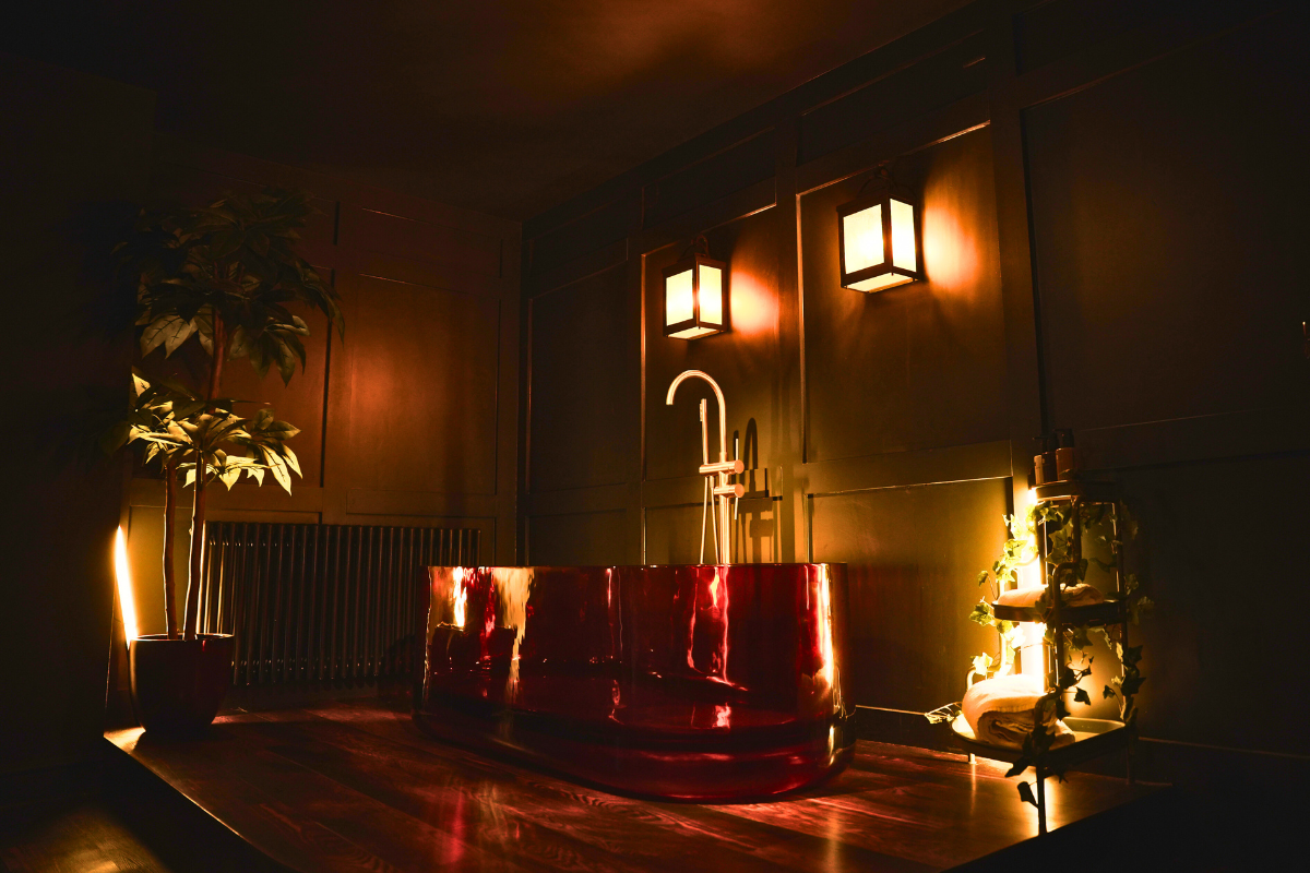 Amber bath from Lusso Stone in luxury hotel bathroom at The Croft