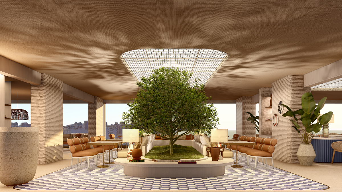 Rooftop at Sofitel Rio de Janeiro Ipanema with seating around a central tree