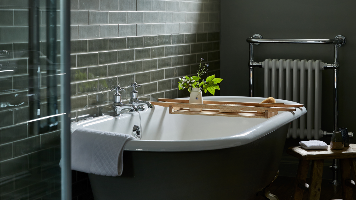 A deep, Victorian, double-ended claw-foot bath from House of Rohl in Fowey Hall Hotel
