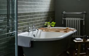 A deep, Victorian, double-ended claw-foot bath from House of Rohl in Fowey Hall Hotel