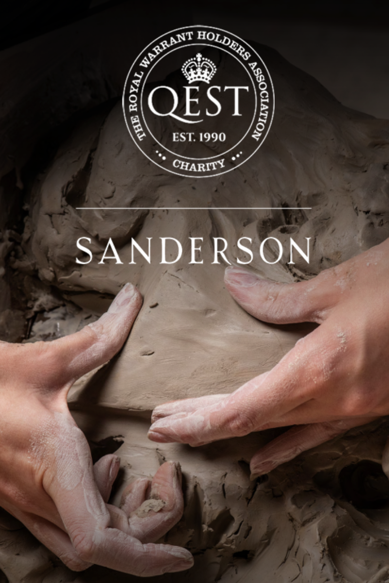 Hands crafting clay with Sanderson and QEST logo overlaid