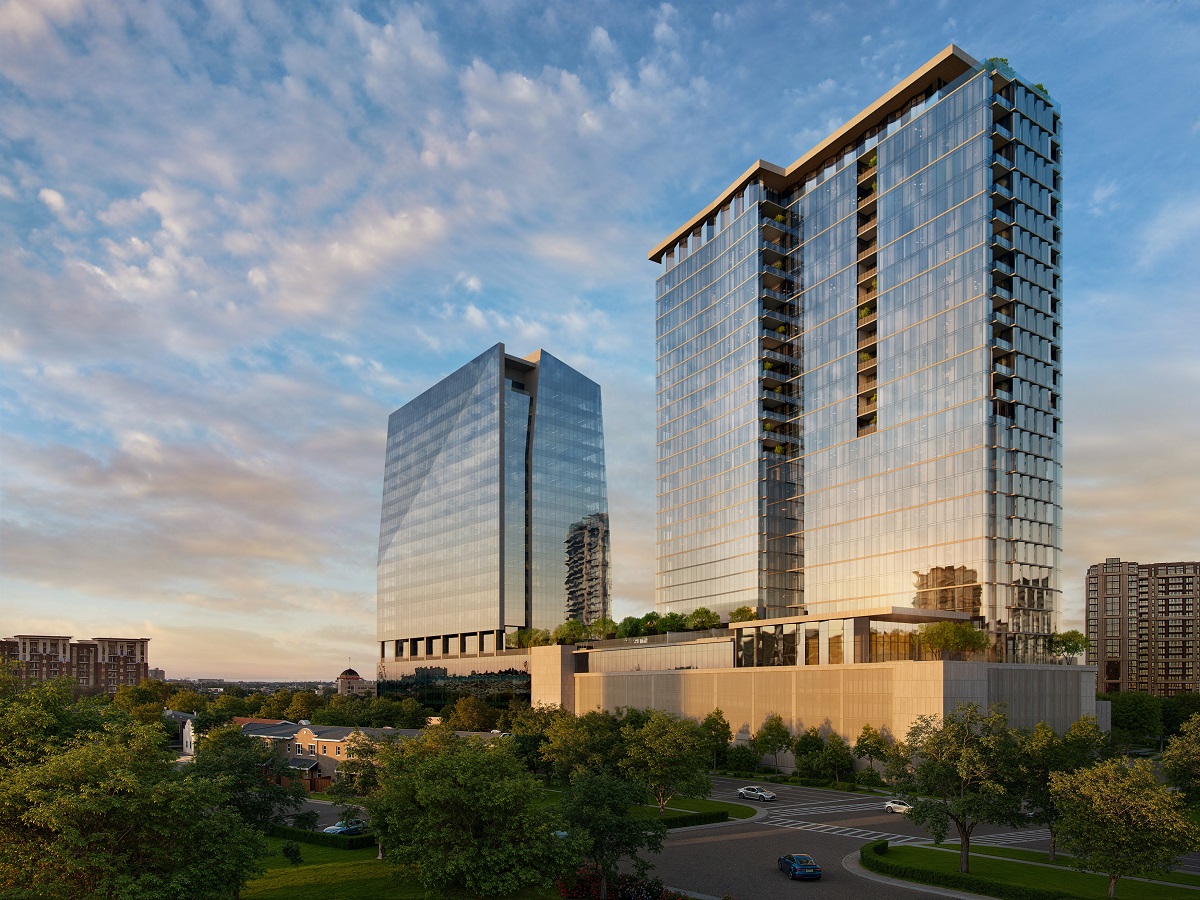 skyline view in render The Dallas EDITION Hotel and The Residences at The Dallas EDITION