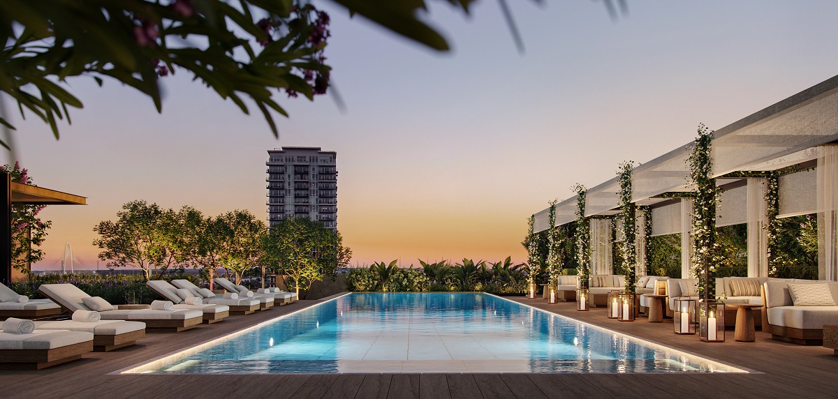 rooftop pool with city skyline view in render The Dallas EDITION Hotel and The Residences at The Dallas EDITION