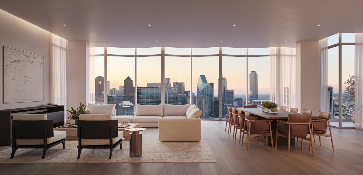 interior render of living space with city skyline view in render The Dallas EDITION Hotel and The Residences at The Dallas EDITION