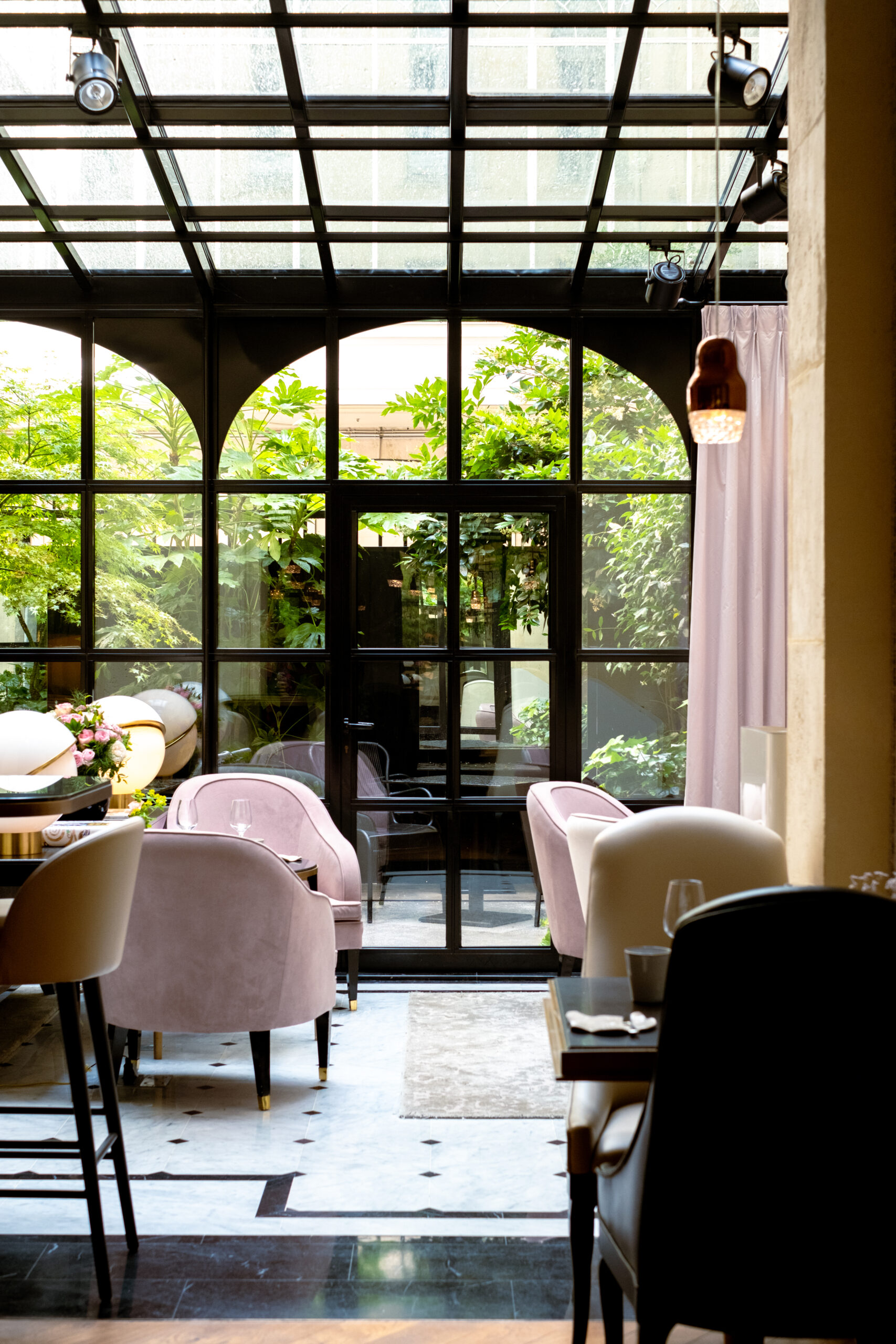 Looking out from Cleo restaurant at Le Narcisse Blanc, out toward the courtyard