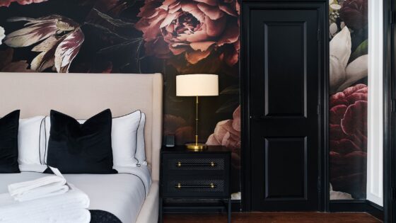 dark oversized floral wallpaper in Garden-Gables_Guest-Rooms_