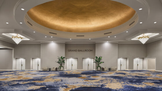 Foyer of Grand Ballroom with gold domed roof, at JW Marriott Las Vegas. With blue carpet by Brintons
