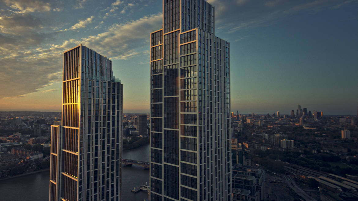 london skyline at sunset with view of Park Hyatt London - ‘River Thames Residences’