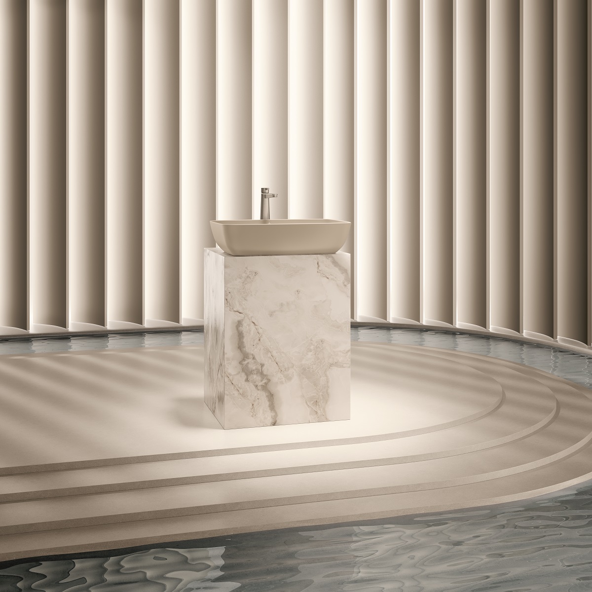 almond stone colour Artis basin on stone plinth