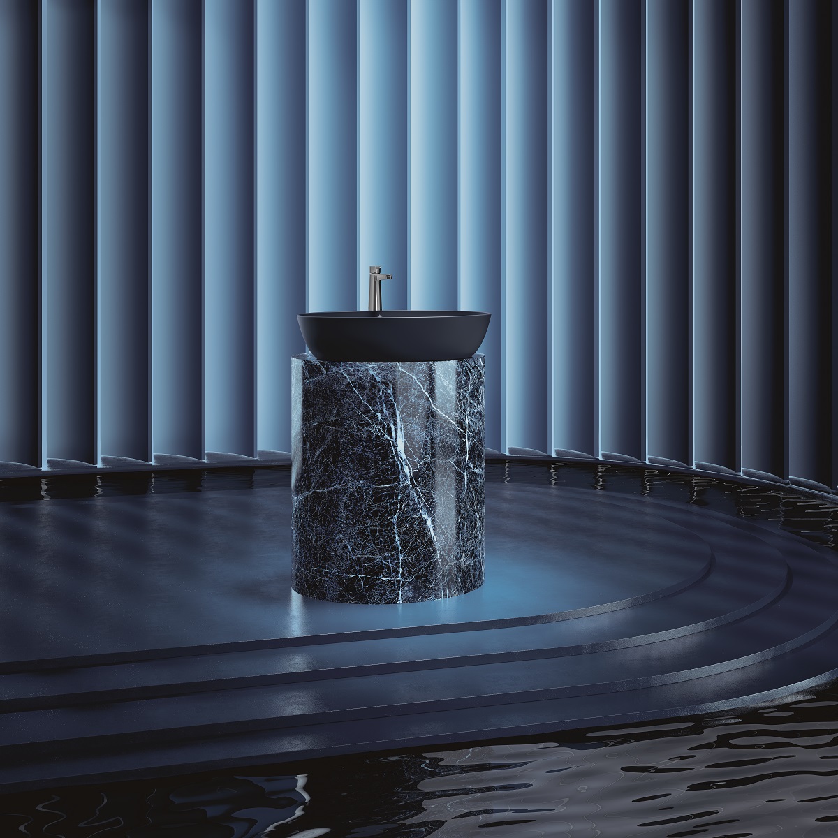 dark teal blue Artis basin on marble plinth