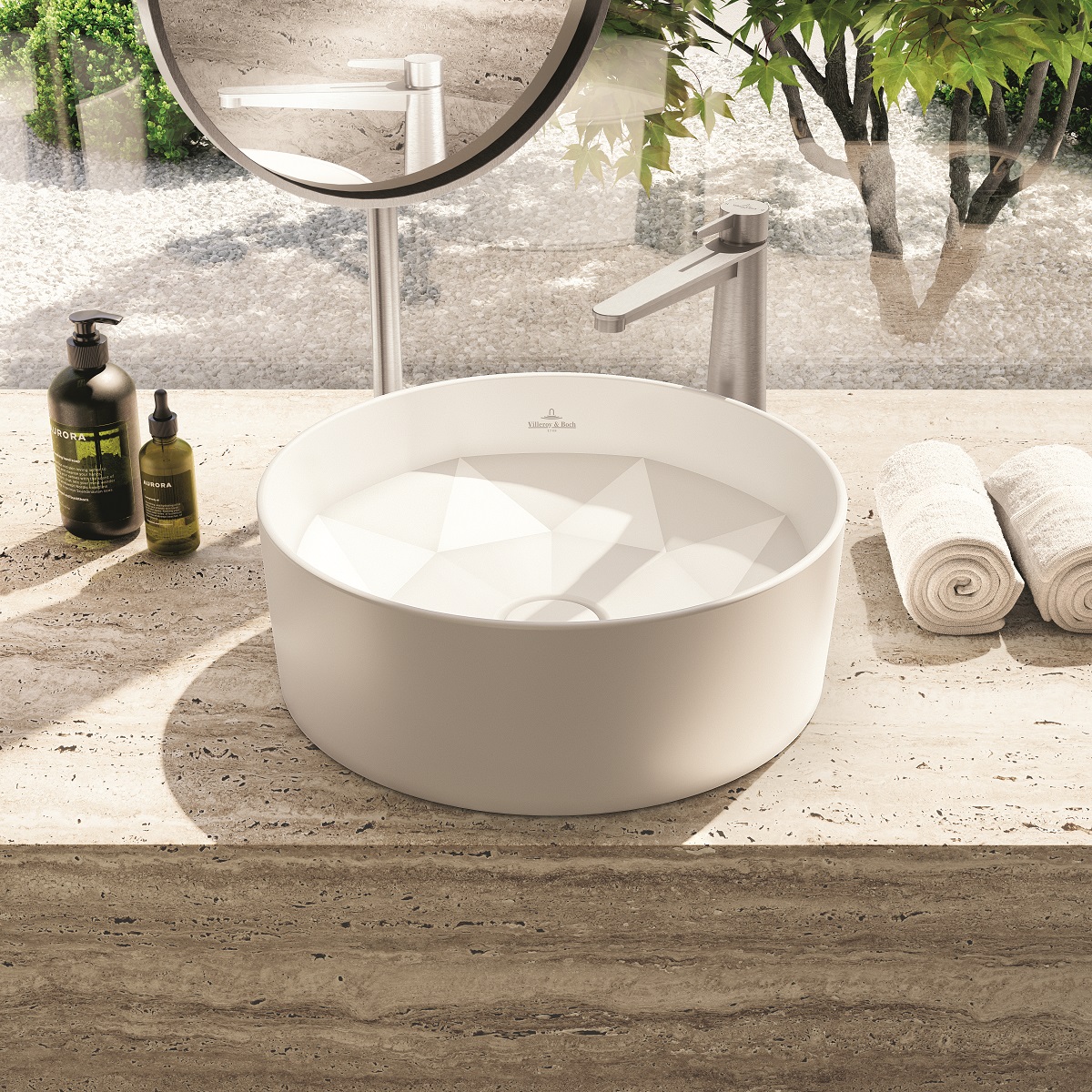 Octagon and from Villeroy & Boch - a white round basin with faceted interior