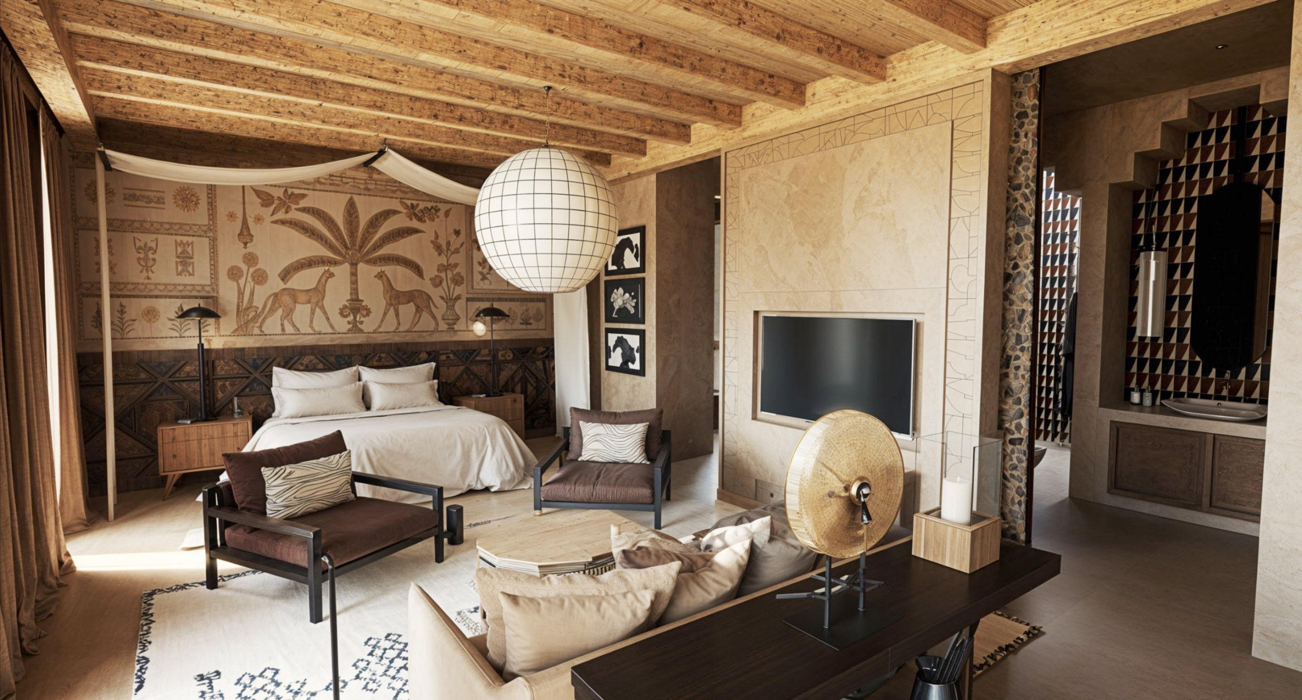 natural surfaces and moroccan aesthetic in render of interior for Marrakech hotel