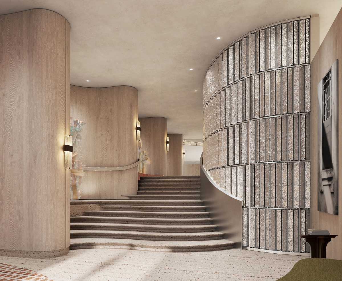 curved wall and staircase in lobby design Mandarin Oriental