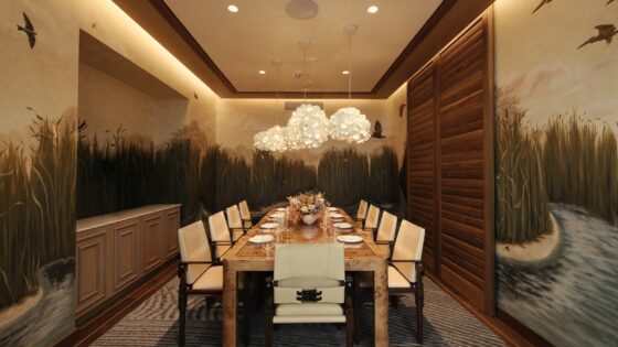 private dining room in The Crossing restaurant which features an immersive custom mural created by Lonesome Pictopia