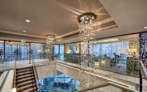 Custom chandeliers by Northern Lights for Colmore Tang HQ