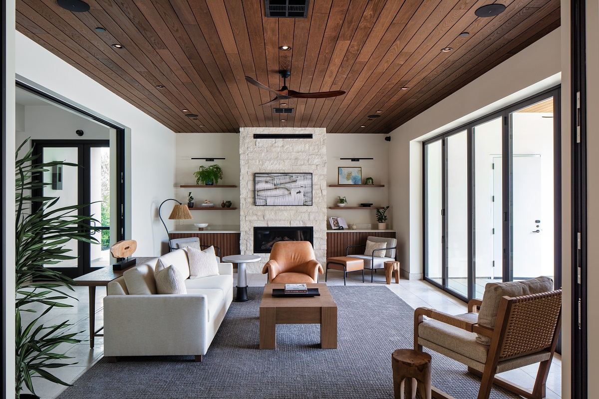 cream couch, leather chair and wooden ceiling in lounge of Duchamp Healdsburg 
