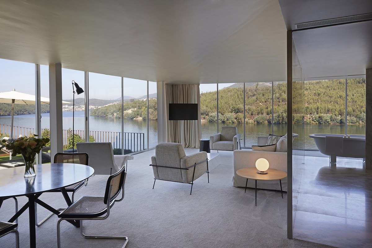 white minimalist interior of panoramic suite in Octant Douro