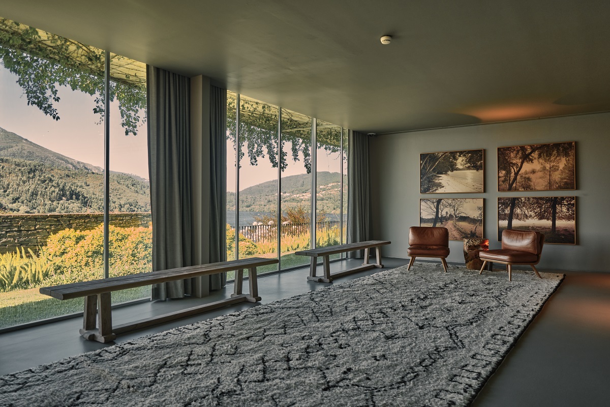 communal space with benches in front of floor to ceiling glass windows