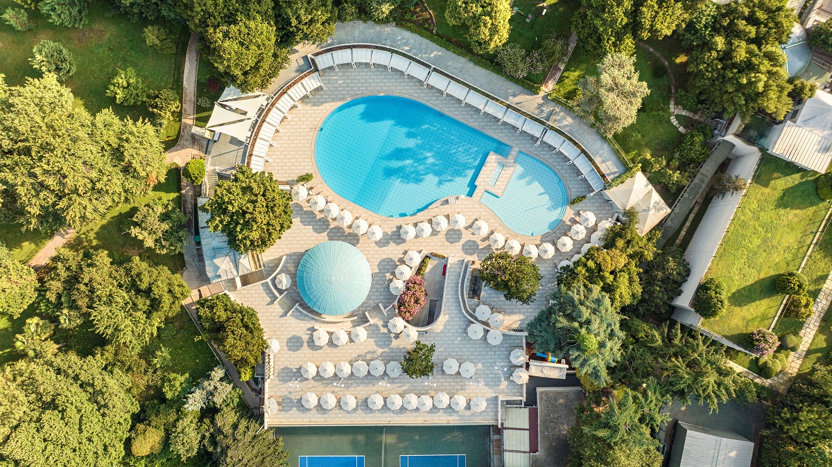 aerial view Outdoor Pool in Hilton Istanbul in shape of footprint