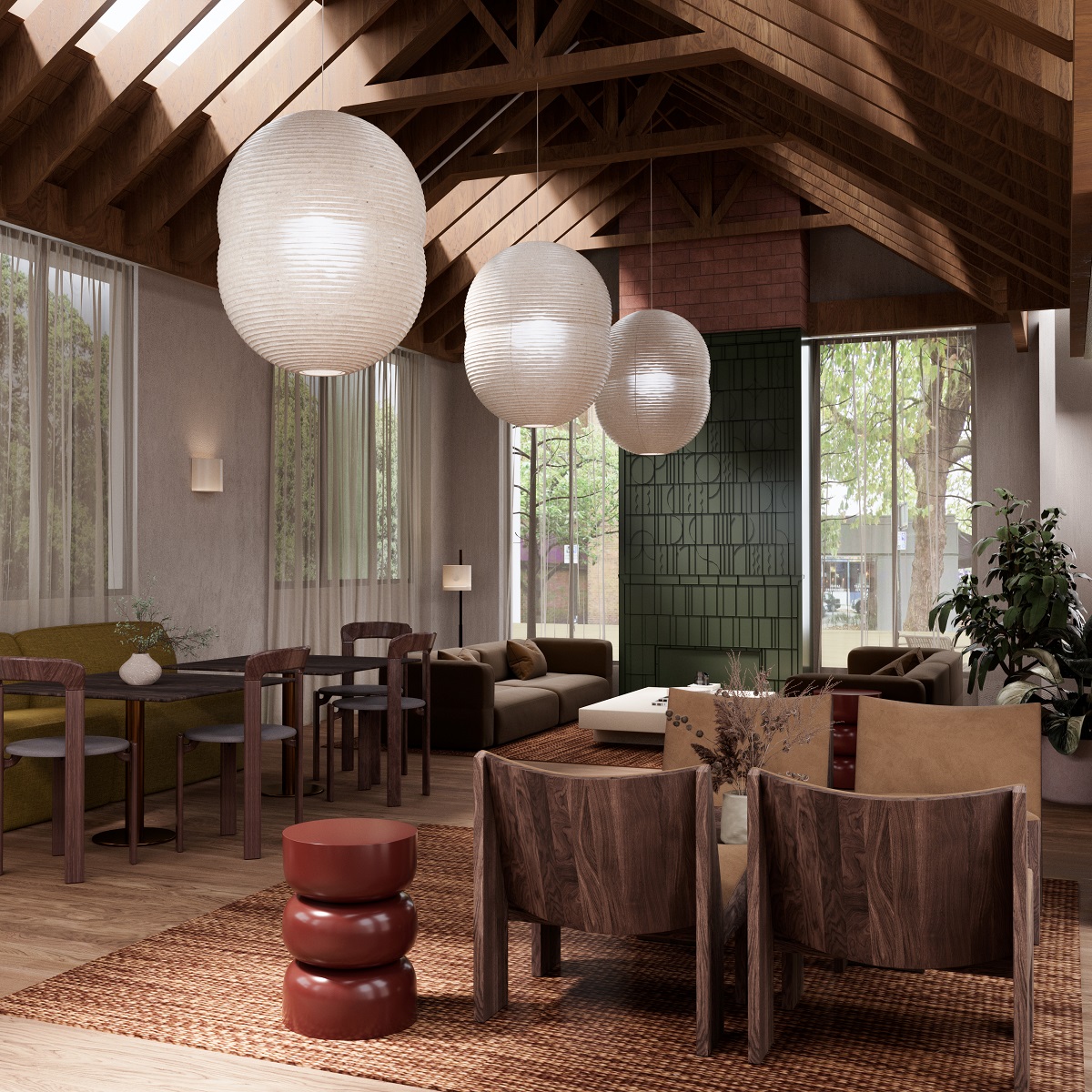white paper pendant lights below wooden beams and wooden floors in Shared guest lounge 2 - Mason & F