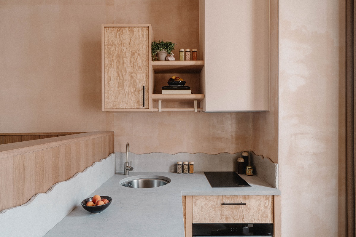  Kitchenettes feature live edge limestone worktops crafted from rejected stone and wooden surfaces