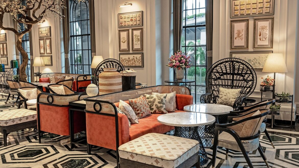 orange couch and patterned floor in Fairmont Mumbai