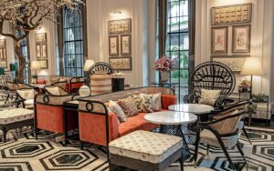 orange couch and patterned floor in Fairmont Mumbai