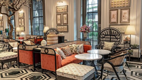 orange couch and patterned floor in Fairmont Mumbai