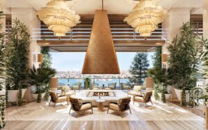 Hilton Istanbul Bosphorus terrace with central firepit and view over bosphorus