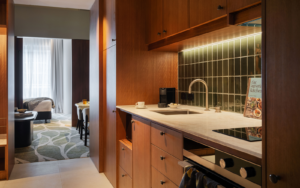 view from kitchen into guestroom at Adina Hobart