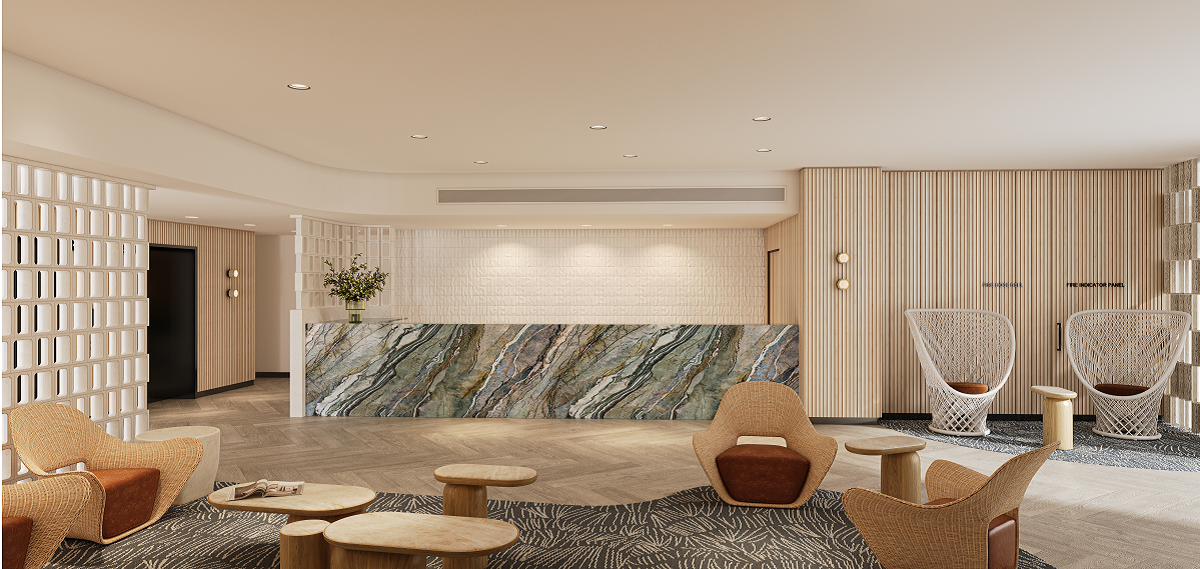 Adina perth lobby and reception in natural and opal colours and textures