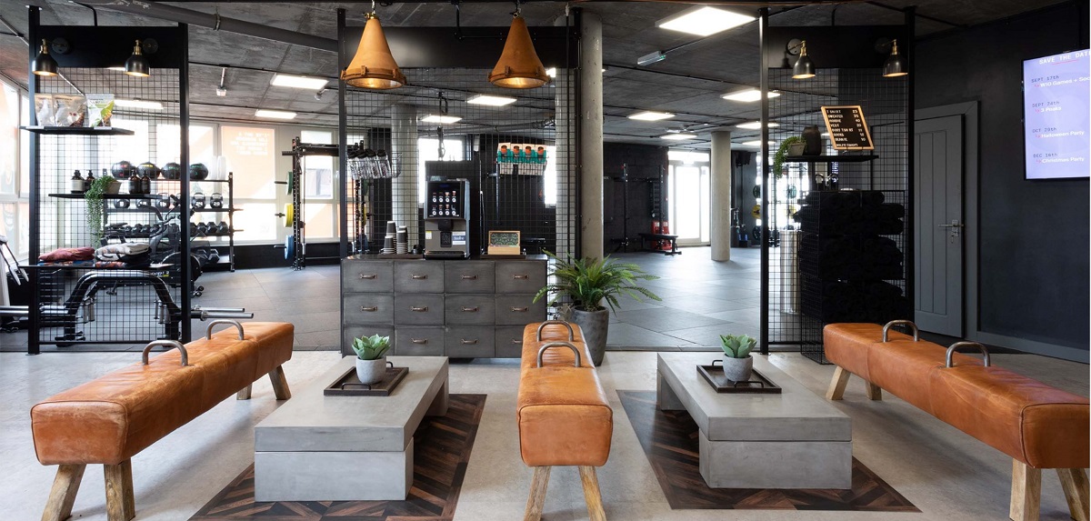 industrial-style-gym-with leather fittings and vintage lights from Loomlight