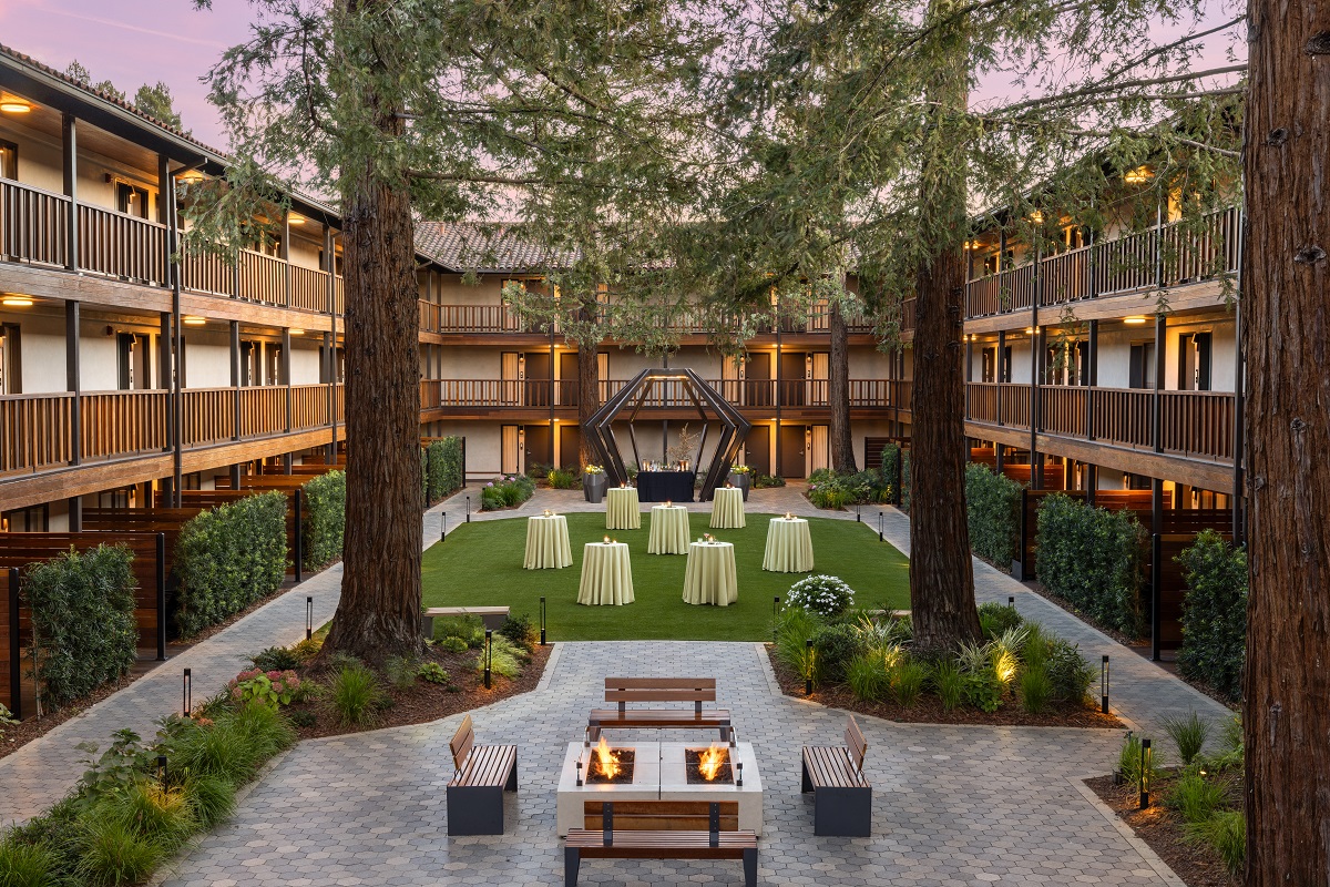 firepit and chairs in front of giant redwood trees in hotel garden