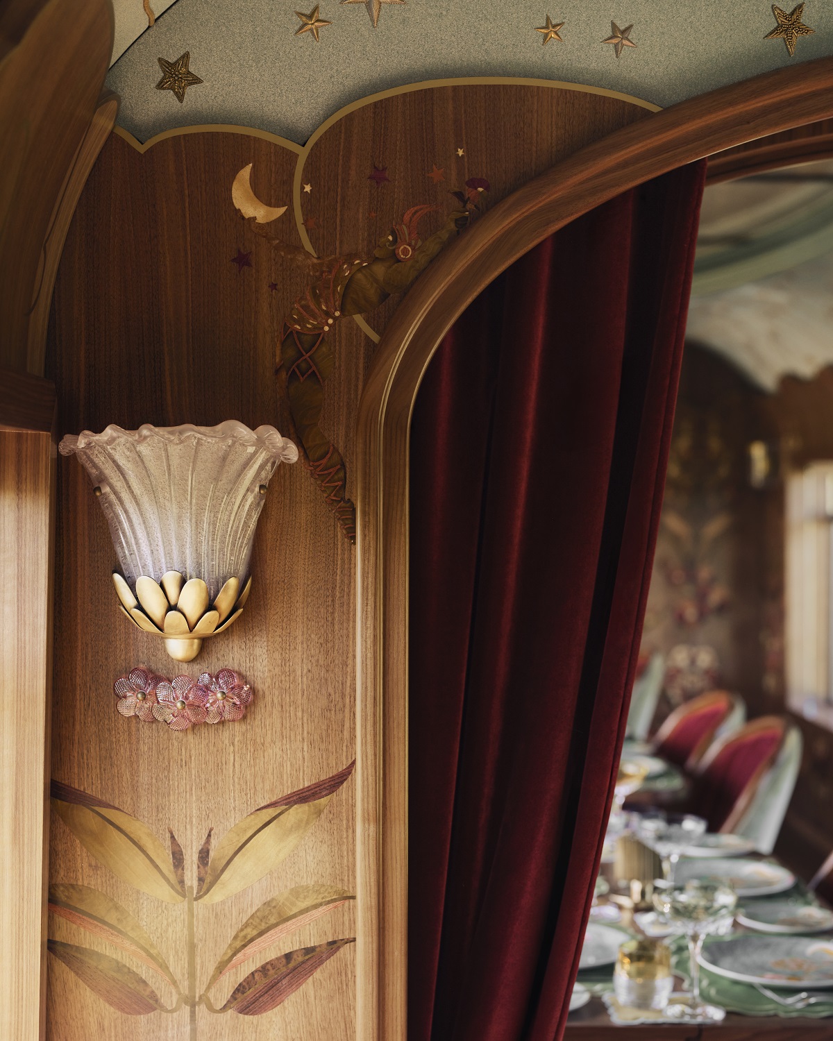 close up of lighting and panelling details on Celia Dining View Aboard British Pullman, A Belmond Train,