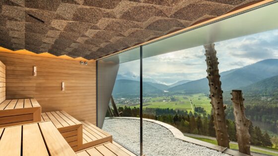 view across dolomites from sauna at Hotel Hubertus