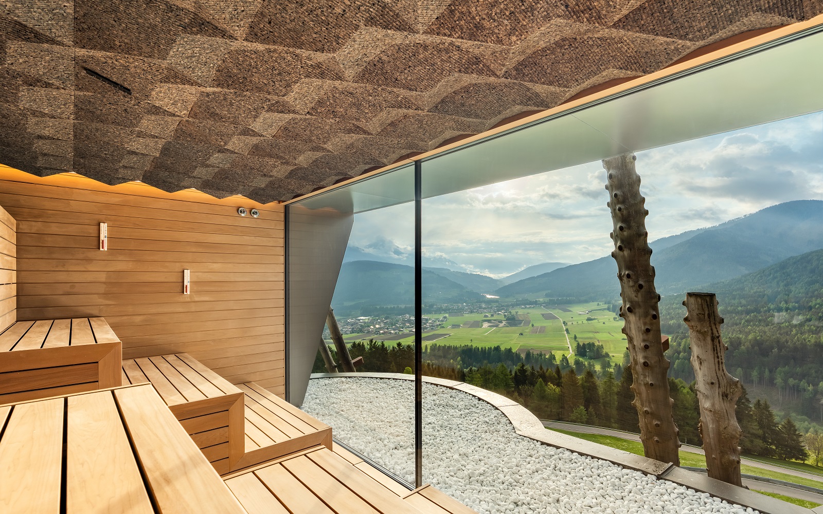 view across dolomites from sauna at Hotel Hubertus