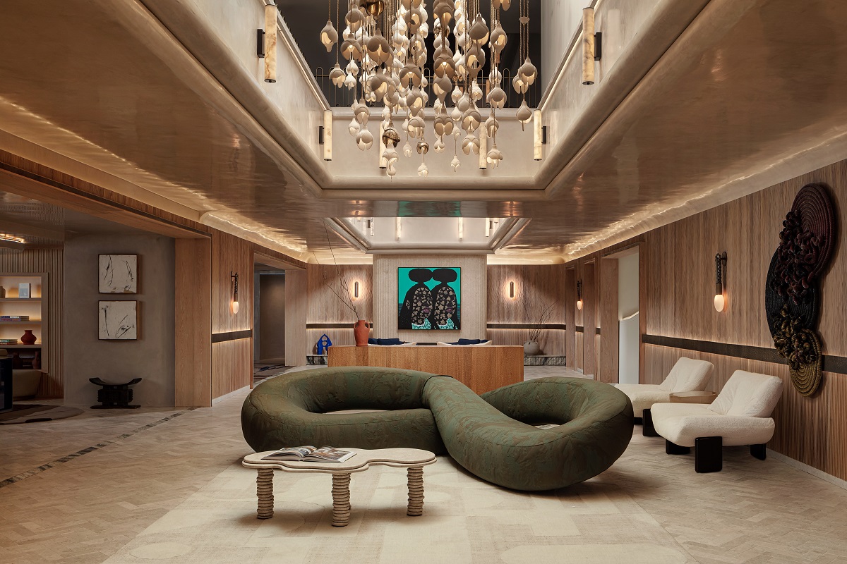 lobby with art and light installation