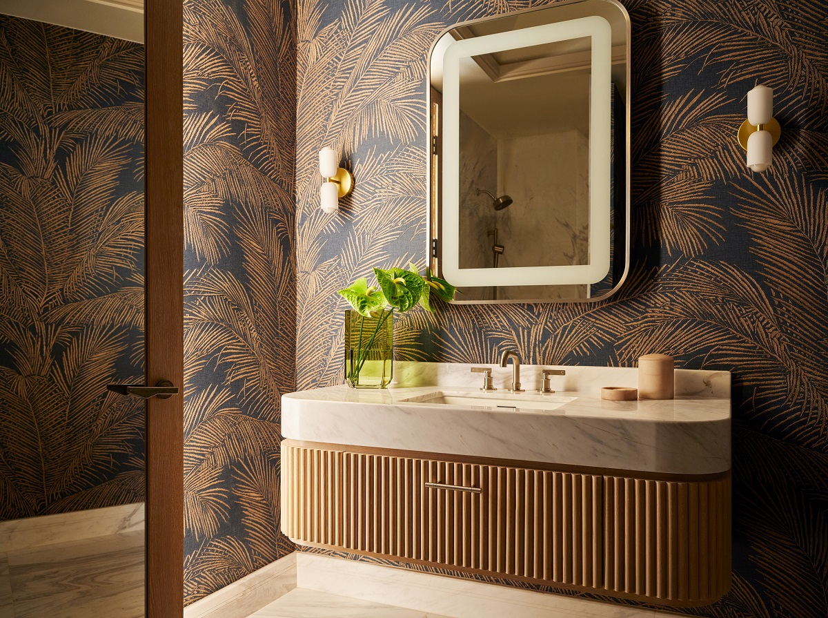 bathroom with fluted wooden vanity 