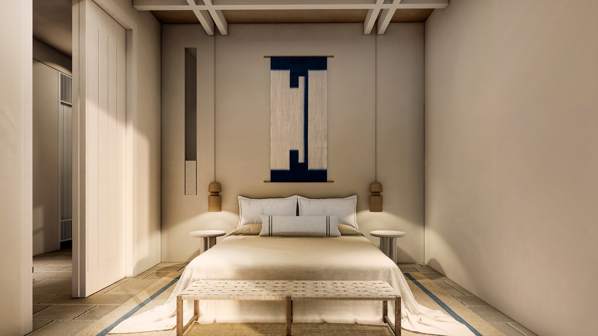 suite with balcony in Méros, in natural and neutral tones